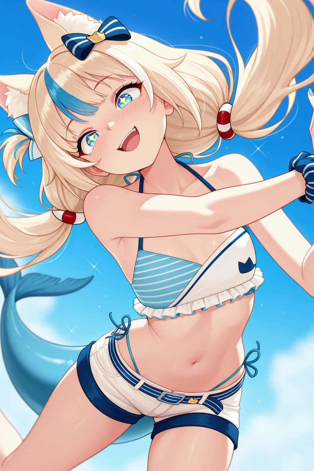 Furry girl, young, dog, long ponytail, blonde hair, red eyes, small breasts, detailed body fur, ((stars hairpin, small jacket, open clothes, frilly blue bikini, frilly blue skirt)), masterpiece, looking at you, (two tone body fur, turquoise body fur, clear turquoise body fur), detailed face, big eyebrows, detailed eyes, detailed body, detailed hands, glistering body, skinny, floppy dog ears, perfect lighting, perfect shadows, perfect eyes, perfect hair, perfect face, gorgeous body, :3, wet body fur, full body, feets with three toes, 3 toes, beach, clear sky, beach ball,