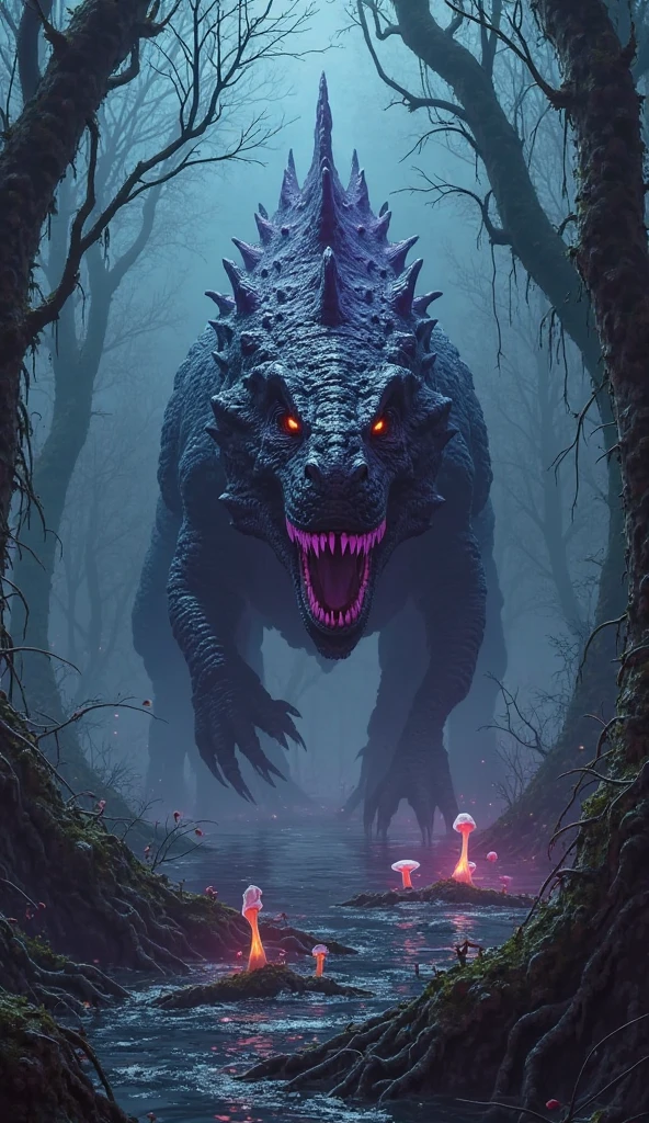 Violate jungle black tree purple and pinky sky and one big monster