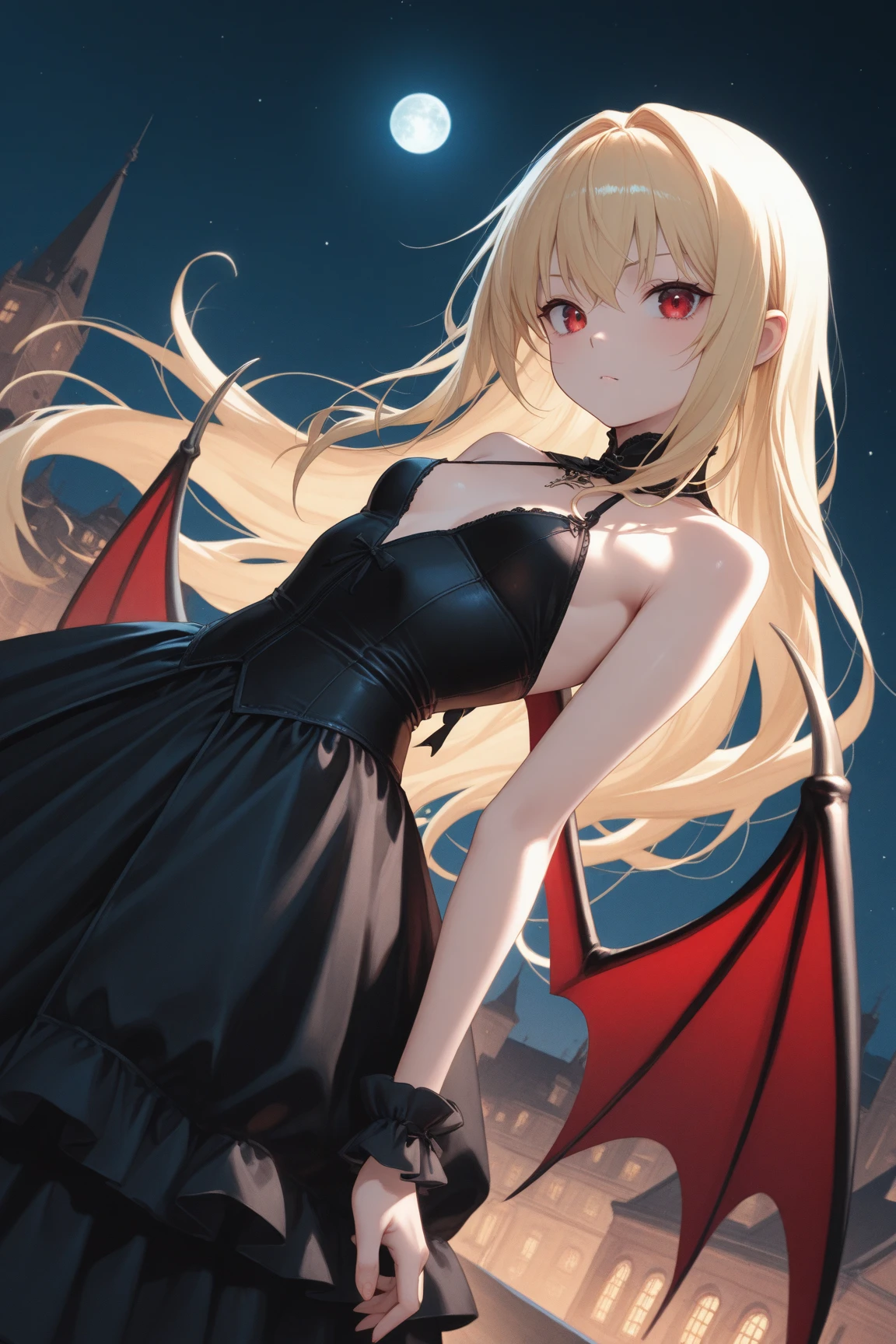 blonde, red-eyed, vampire, red moon, black dress,