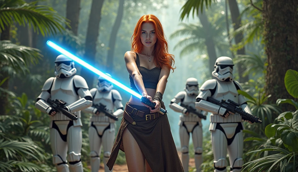 (full body shot:1) photorealistic image of a (standing pose:1) woman, ultrarealistic, photography, long red hair, woman, 24 years old, hourglass figure, perfect body, seductive look, natural medium breasts, blur background, in complete darkness, she is wearing a light jedi robe, she is holding a green lightsaber, the lightsaber is the only lightsource, on a dark destroyed space colony outside, it is raining, there is lightning in the background, she has her back to the camera, she is facing an army of stormtroopers, she looks into the camera, long sexy legs, wet clothes, wet hair