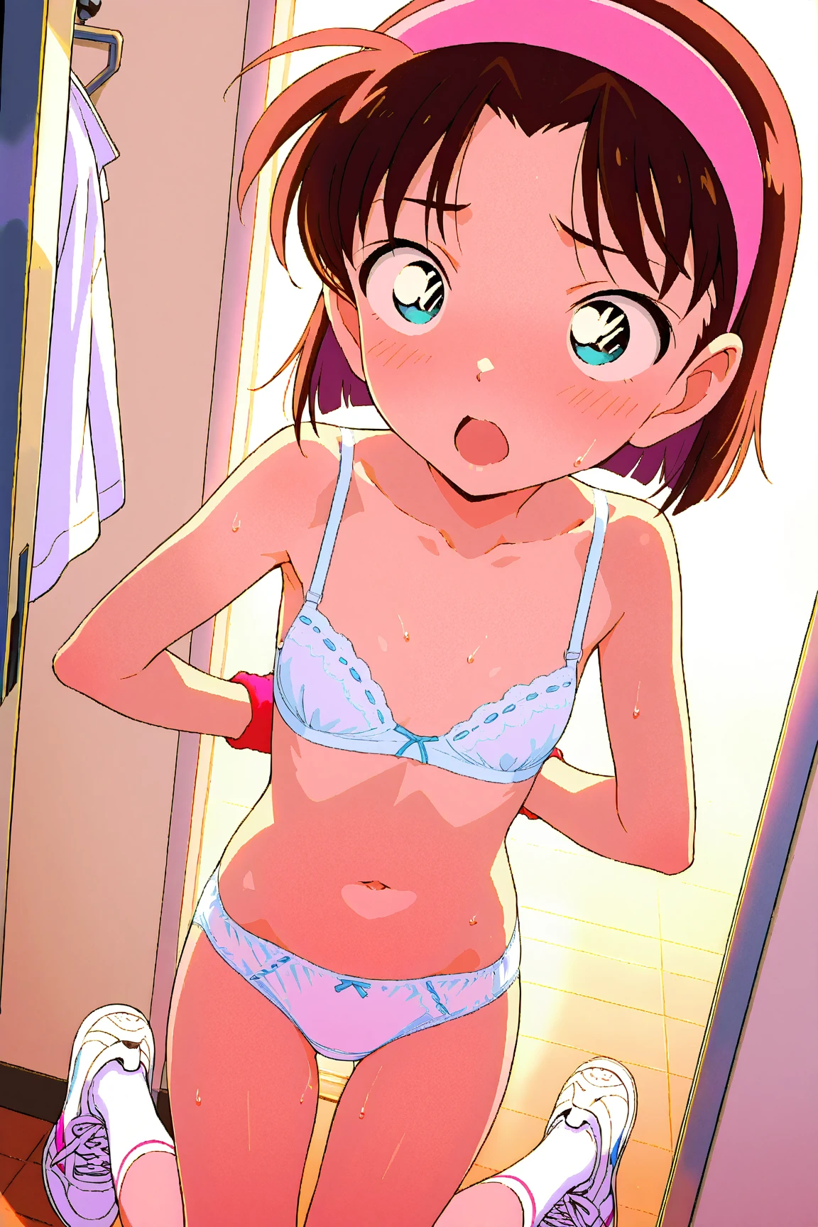 <lora:Hentai-PisuHameV1:1.0>, masterpiece, best quality, 1woman, incoming_food, hungry, resilient fit girl, very short hair, Warm Brown hair, hair, Rhodamine Red eyes, wearing shawl and hakama pants, flat chest, tiny