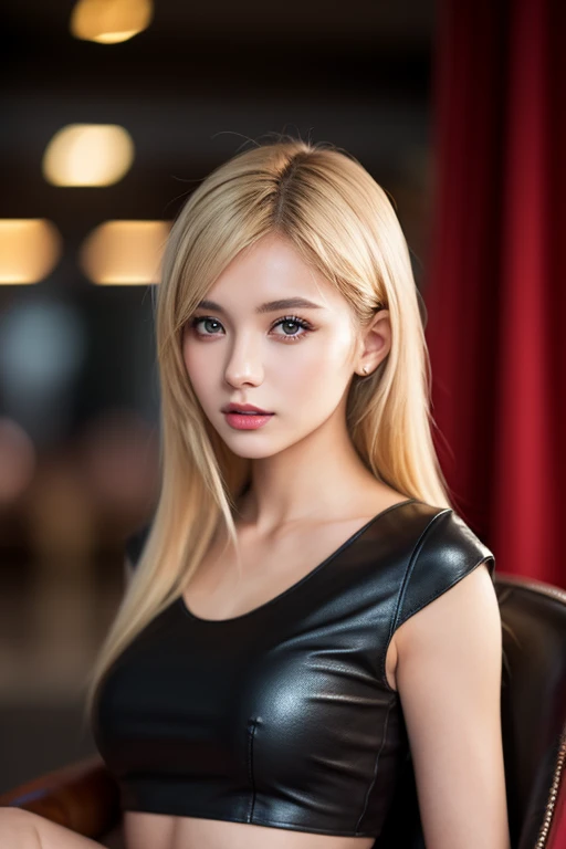 (masterpiece:1.4), (best quality:1.4), ultra high res, ultra high resolution, ((detailed facial features)), HDR, (realistic, photorealistic, photo-realistic:1.37), closeup, sexy seductive Thai woman, (seductive smile), long lashes, beautiful makeup, platinum blonde hair, fair skin, slender figure, elegant posture, wearing large sparkling colorful jewelery, wearing a business style leather dress, standing in a large shopping mall, gentle sunlight shining through the shopping mall windows, casting a soft glow on her face, adding warmth to the scene, vibrant colors, capturing the essence of vibrant city life, portrait style, showcasing her natural beauty and grace in a feminine way