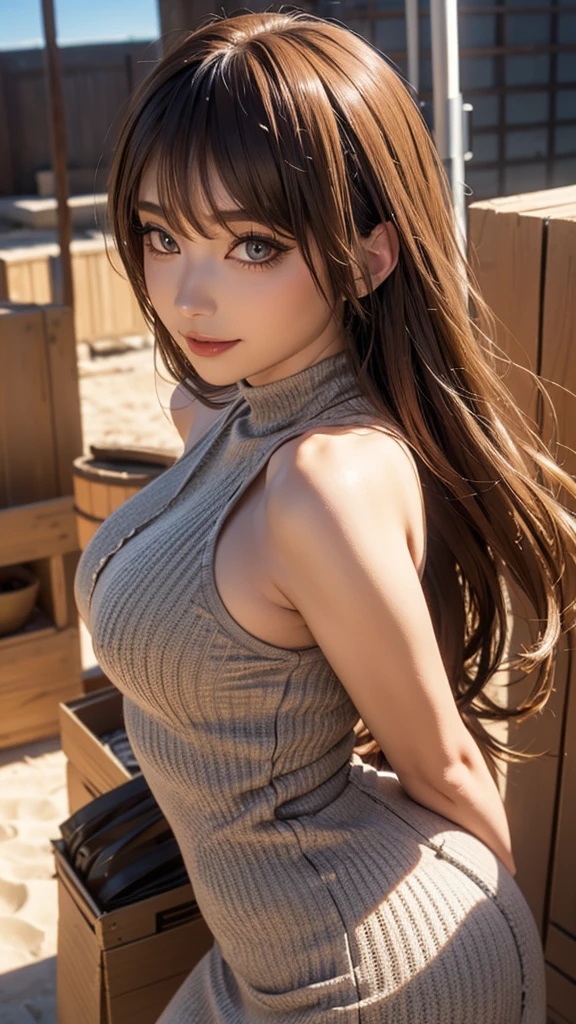 Dark Skinの女の子、masterpiece、One girl per photo、(Seaside、sitting on the beach、sexy)((Dark Skin、26-year-old girl、Sparkly Makeup、Baby Face、Super big boobs))((Dark Skinの色、Realistic Skin、Dark Skin))((Shining Eyes))((denim、Overalls Dresses、Extremely uper big boobs、sexy))(((Embarrassed face、Mouth open)))((Long Hair、Elaborate hairstyles、Brown Hair))((Round big 、Narrow waist、Thin thighs、Long legs))((Dark Skin、Ultra-realistic、Perfect limbs、Perfect fingertips))Are standing、Attractive pose、short boots、大胆でsexyなポーズ、Full body shot from below