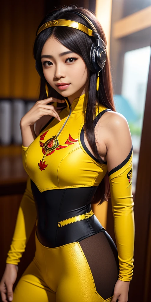Japanese,(realisitic, Hi-Res: 1.4), 2 girls, (Natural light), (more face, more hair, More skin), (Middle chest), slender,mid-waist,(yellow leotard:1.2),(Evil pattern:1.3),(one arm up:1.3),(pantyhose:1.3),(venetian mask:1.2)