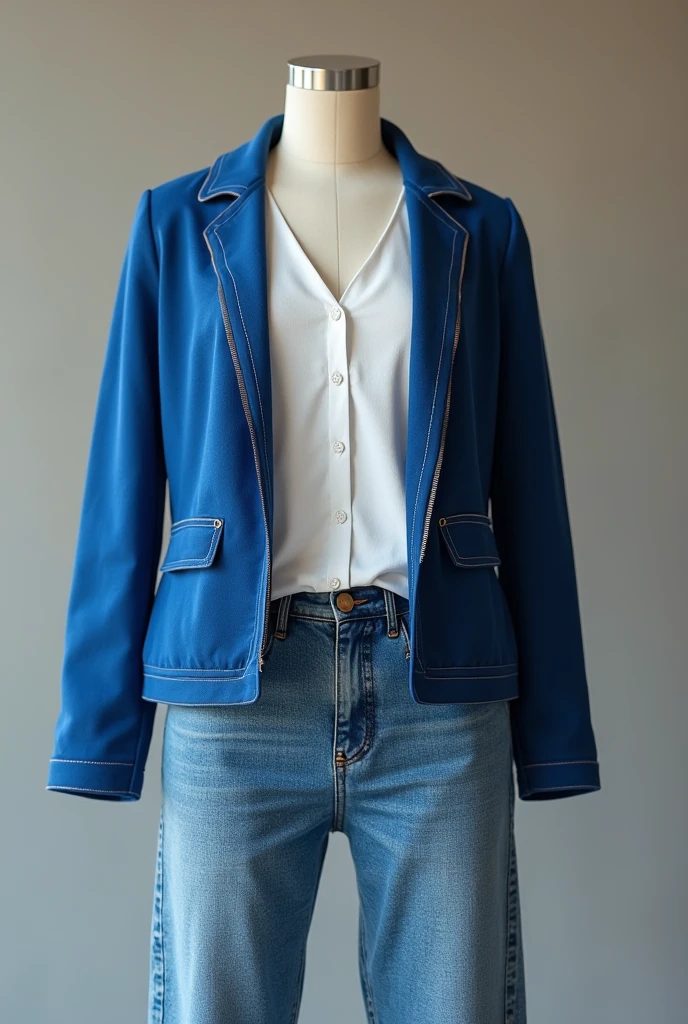 Full body picture of a young woman with androgynous Short blonde hair standing, in the style of cool ,blazer top, flat chest, androgynous boday with few arm tattoo, baggy denim pants, zeiss planar t* 88mm f/2.8, kodak portra, uhd image, sovietwave, distinct facial features,