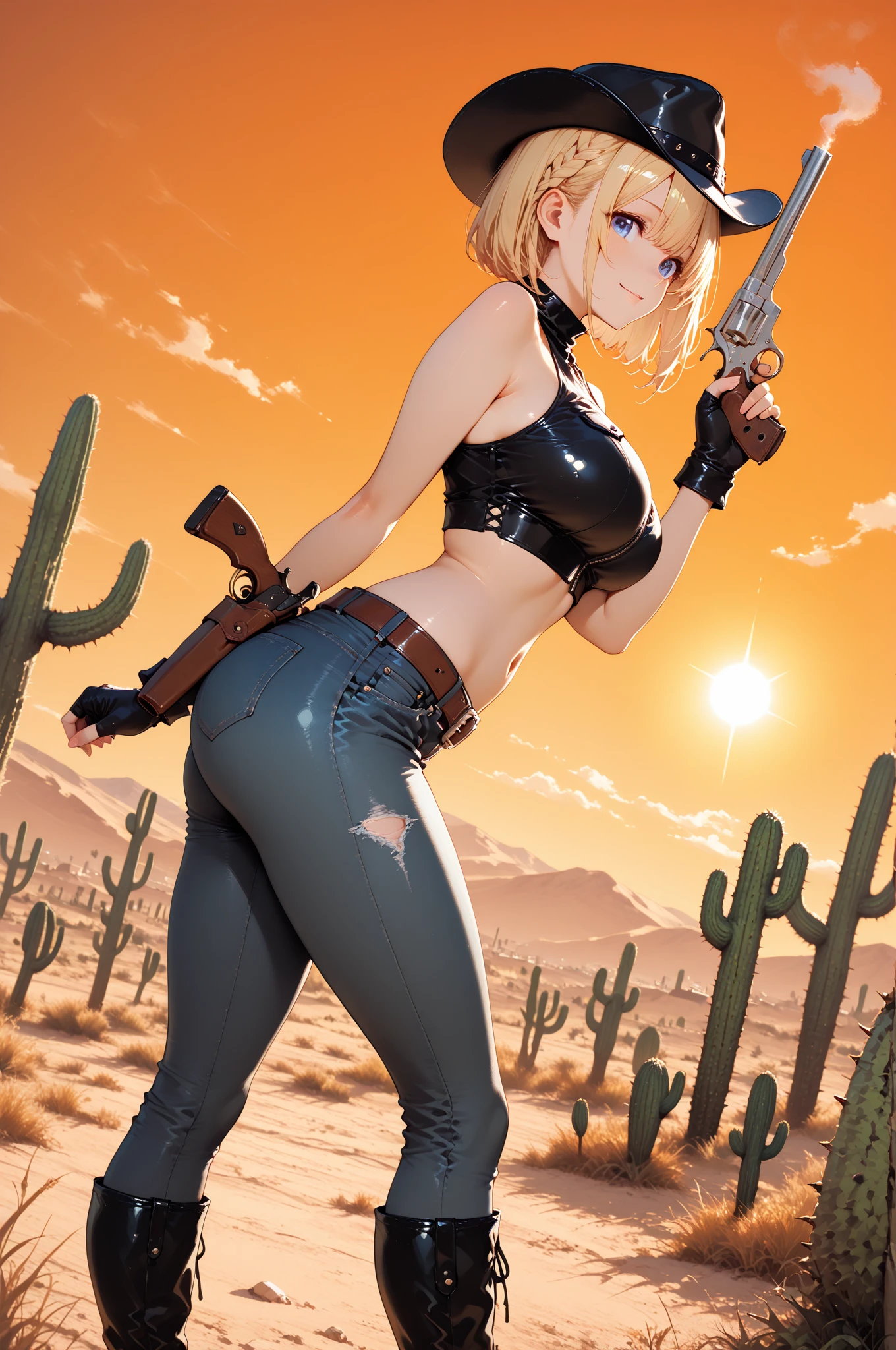 Perfect Anatomy　Highest quality,Highest Resolution,(((hot pants　boots)))　Metal Max 2:Reloaded　Lena　gun　Blonde　short　Blue Eyes　C cup　Toned　16 years old　end of the century　desert　wilderness　ruins
