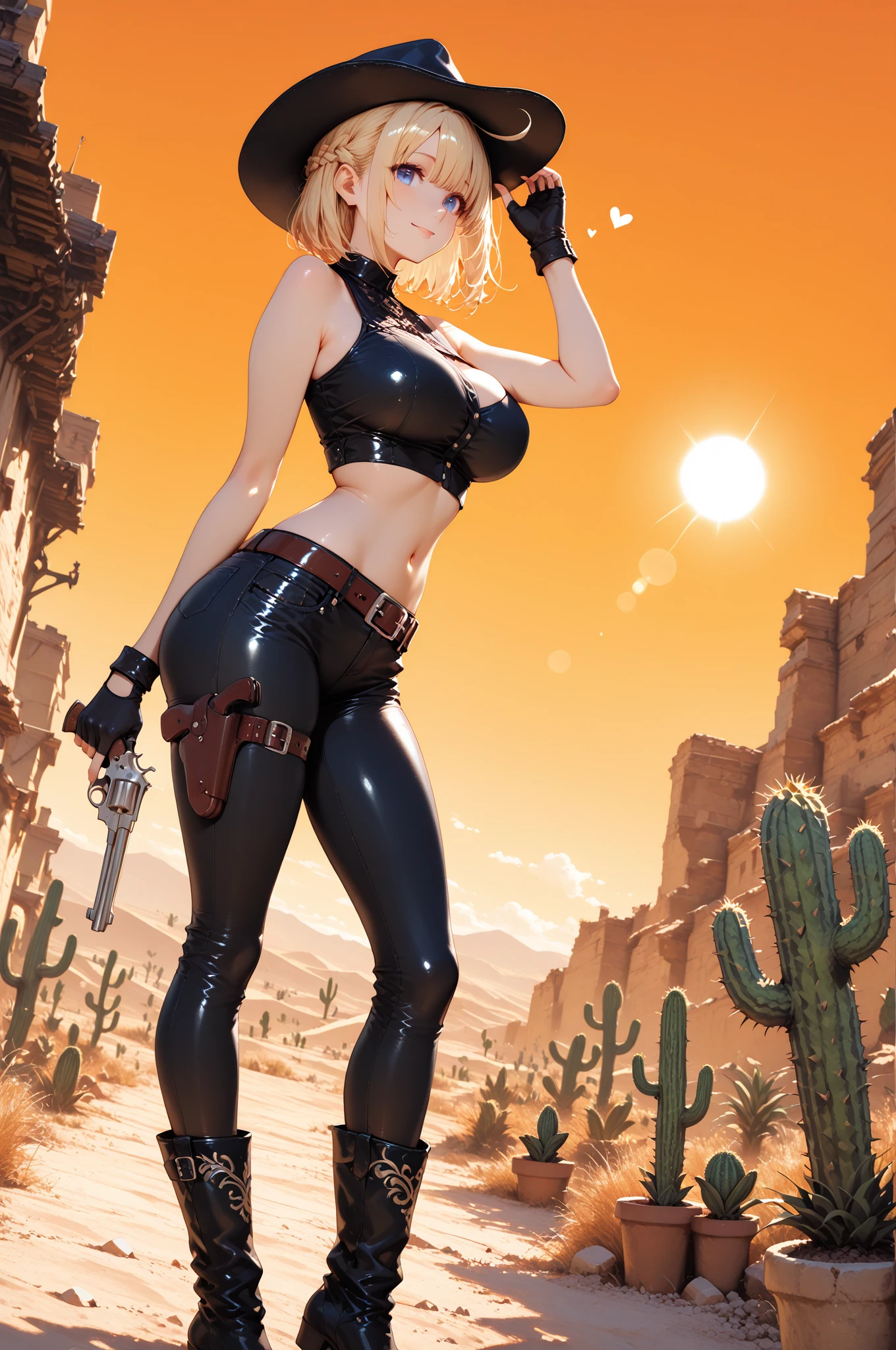 A ruined apocalyptic sci-fi city overgrown with alien plant life and strange alien monsters and animals, a busty beautiful young woman with tan skin and large bright hazel eyes with long lashes and cleopatra eyeliner, with a golden blonde hair, wearing a miniskirt and cut off tank top revealing the bottom of her breasts, round eye glasses, thigh high leather boots with stockings and a garter belt flashing a pair of silk panties, cyberpunk rifle slung over her shoulder, sci-fi backpack held on by straps across her chest, glaring at a monster in the far distance, side ponytail, Hyperrealism, masterpiece, best quality, 16k, anatomically correct, super detail, award winning, erotic poses, kneeling, bent over
