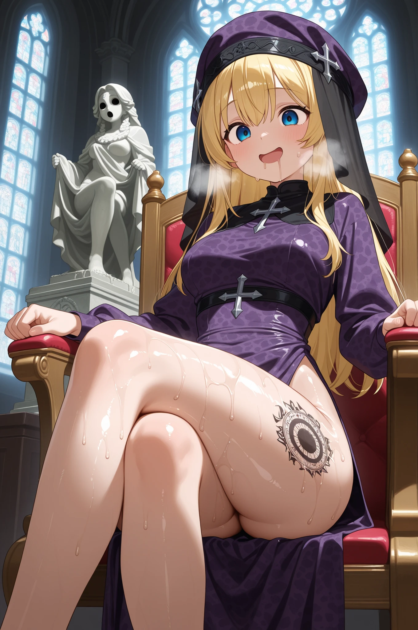 ponytail、Blonde、Nipples、tits、kimono、Inserting a dildo into pussy、Open your legs while crouching、Perfect body、Semen overflows from pussy、Surrounded by a lot of men、Brown Skin