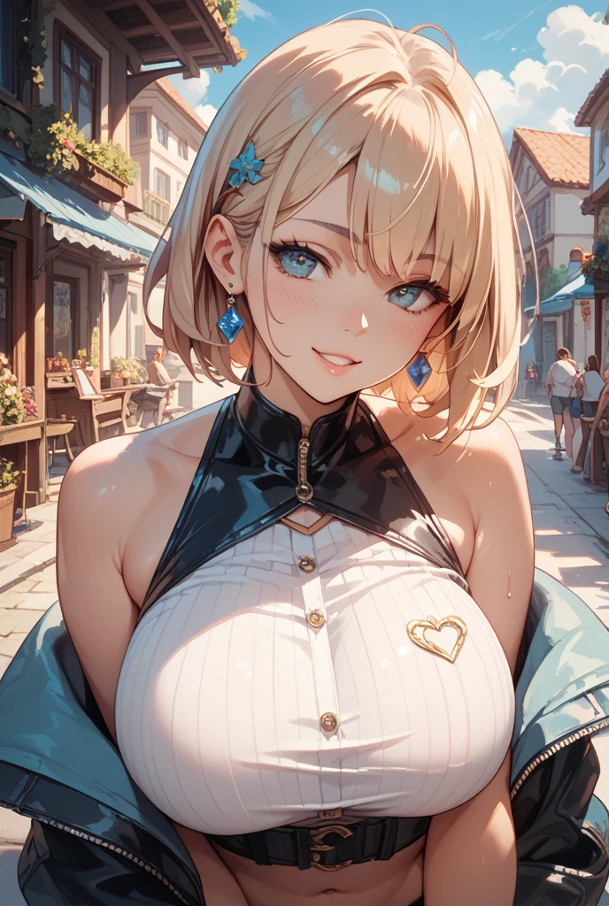 Only focus on face, sexy cute girl, short blondy hair, colored ambient lights, street background, long eyelashes, cute clothes, rose eyes, cute Leaning forward pose, boobs in view