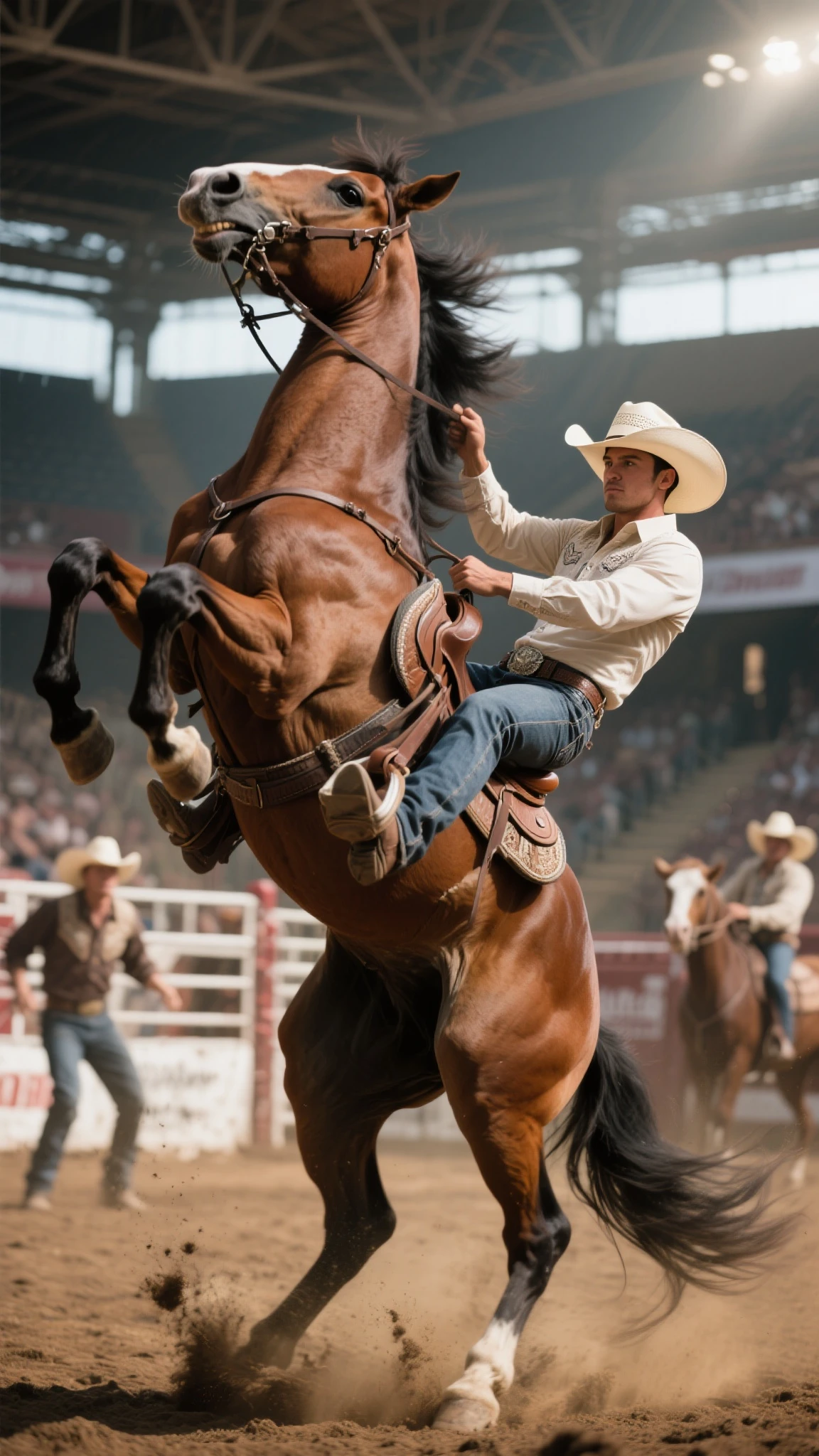 , muscular cowboy, realistic, at the rodeo, ((shirtless)), jeans backside, (((big butt)))