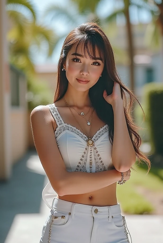 (best quality,4k,highres,masterpiece:1.2),ultra-detailed,(realistic,photorealistic:1.37),beautiful detailed eyes,beautiful detailed lips,extremely detailed eyes and face,long eyelashes,Thai beautiful tall girl,soft and voluptuous,flawless skin,colorful eyes,perfect nose,thick eyebrows,flowing hair, Full body image, white dress l, shoulder length hair, white shirt, jeans on the beach