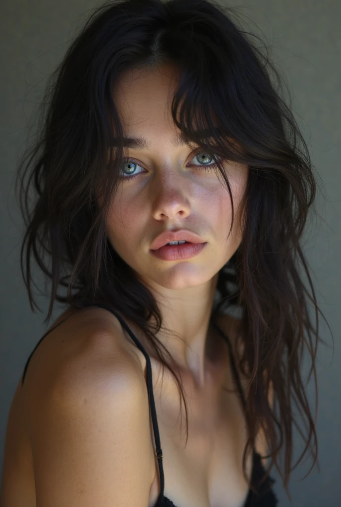 
Beautiful, sultry looking and alluring lady. (very light freckles), long wavy black hair, realistic blue eyes, pouty full lips,  hyperdetailed photography, portrait, UHD,
realistic skin texture, flawed skin, shot with Canon EOS 5D Mark IV, highly detailed, blue