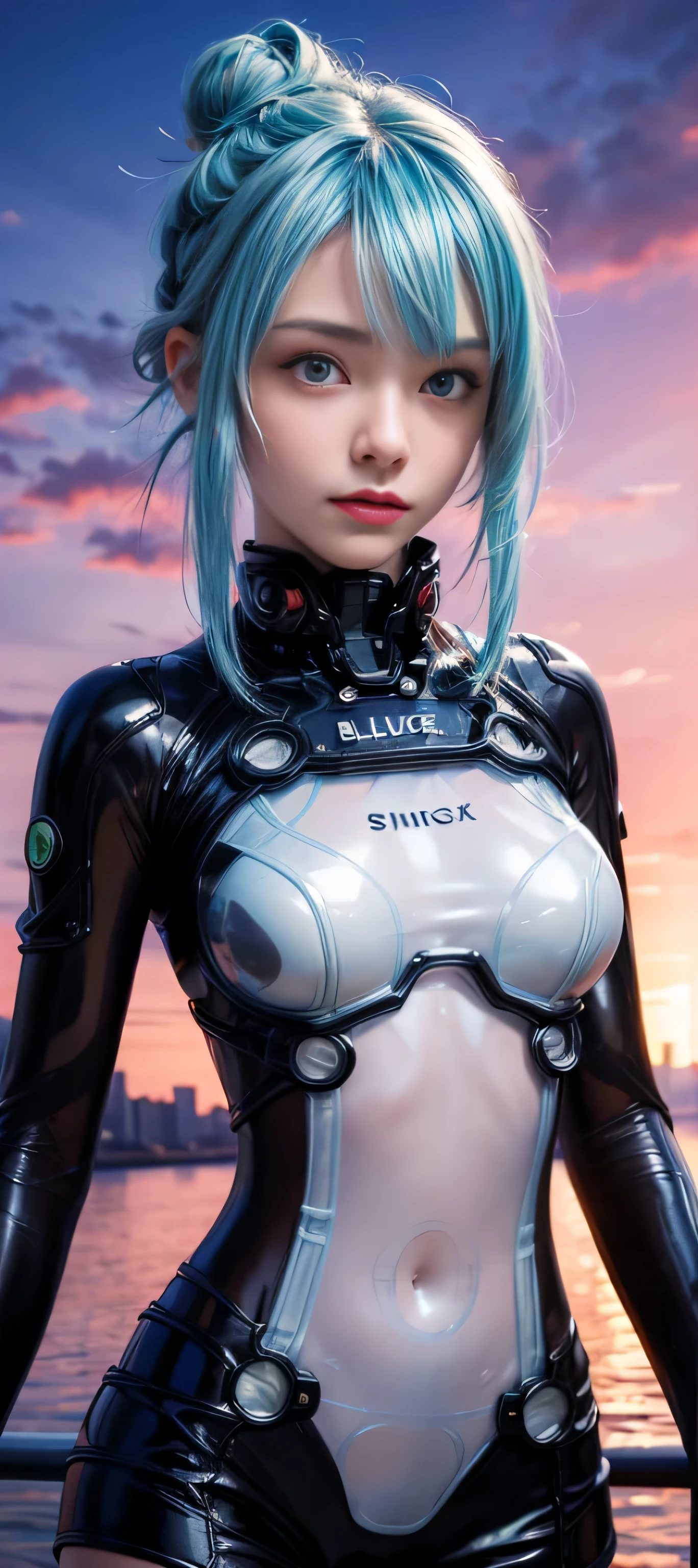 masterpiece, best quality, (realistic,photo-realistic:1.4), (RAW photo:1.2), extremely detailed CG unity 8k wallpaper, delicate and beautiful, amazing,finely detail, official art, absurdres, incredibly absurdres, huge filesize, ultra-detailed,extremely detailed eyes and face,light on face,shinon,(little smile),(blue hair:1.4),(undercut hair:1.5),sunset background,(sidelocks:1.3),black shorts,beach,(hair bun:1.5),(wear transparent plugsuit:1.5)