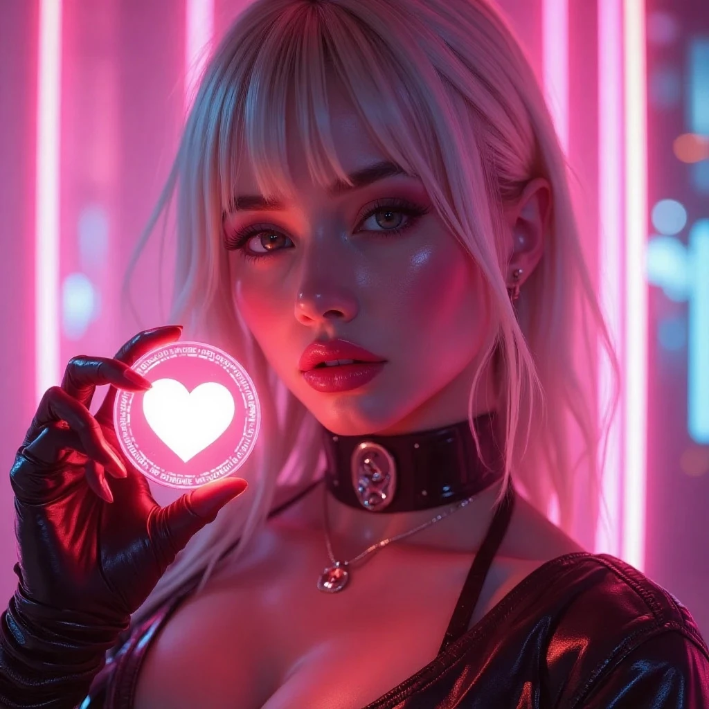 "The image shows a young, buxom-looking girl.. has straight hair, silver in color, that reaches up to his shoulders. His eyes are big, bright, and a silver tone. Her skin is pale and soft, with a slightly metallic touch. in his mouth, holds a small bright red diode, which emits a faint glow that subtly illuminates your face. The girl wears sexy style clothes.