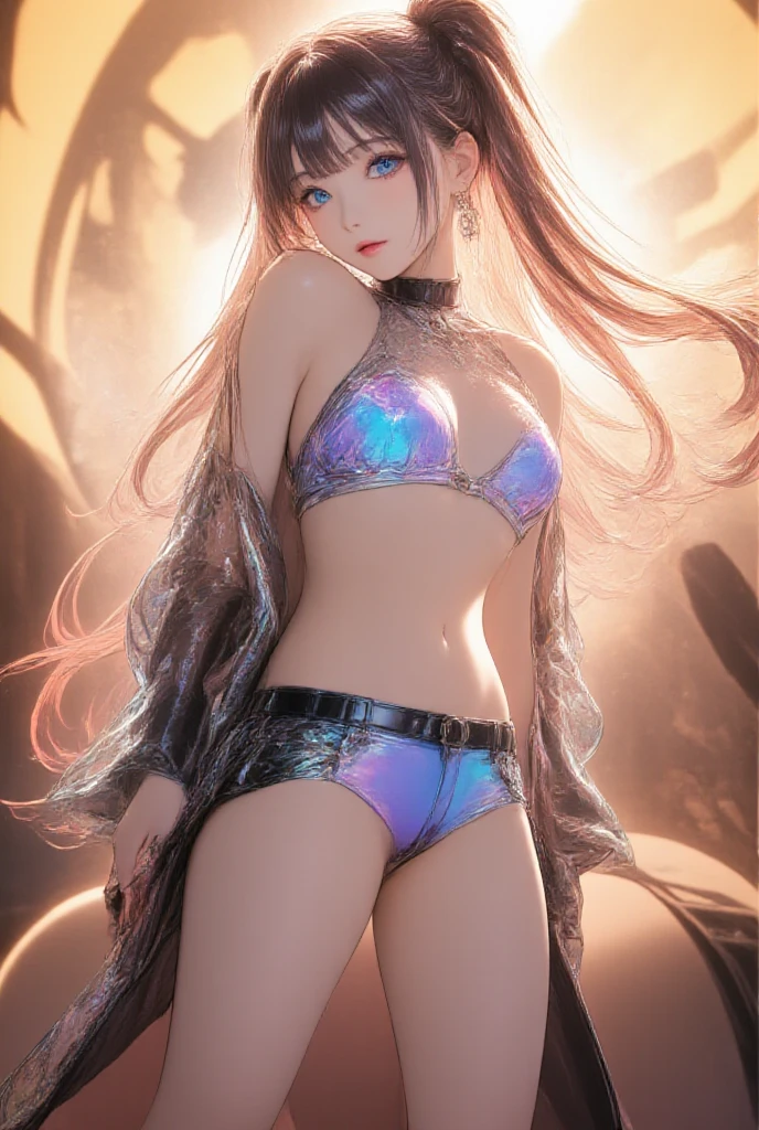 there is a woman in a leopard print maillot de bain standing in front of a mirror, en tant que personnage de tekken, Tifa Lockhart aux cheveux blancs, tenue fantastique, is wearing a maillot de bain, armure de bikini ornée, Monokini, maillot de bain, Tenue: bikini, morts ou vivants 6, lunar themed Tenue, maillot de bain, chevaliers de la fille du zodiaque, Morrigan Aensland, Realistic bikini