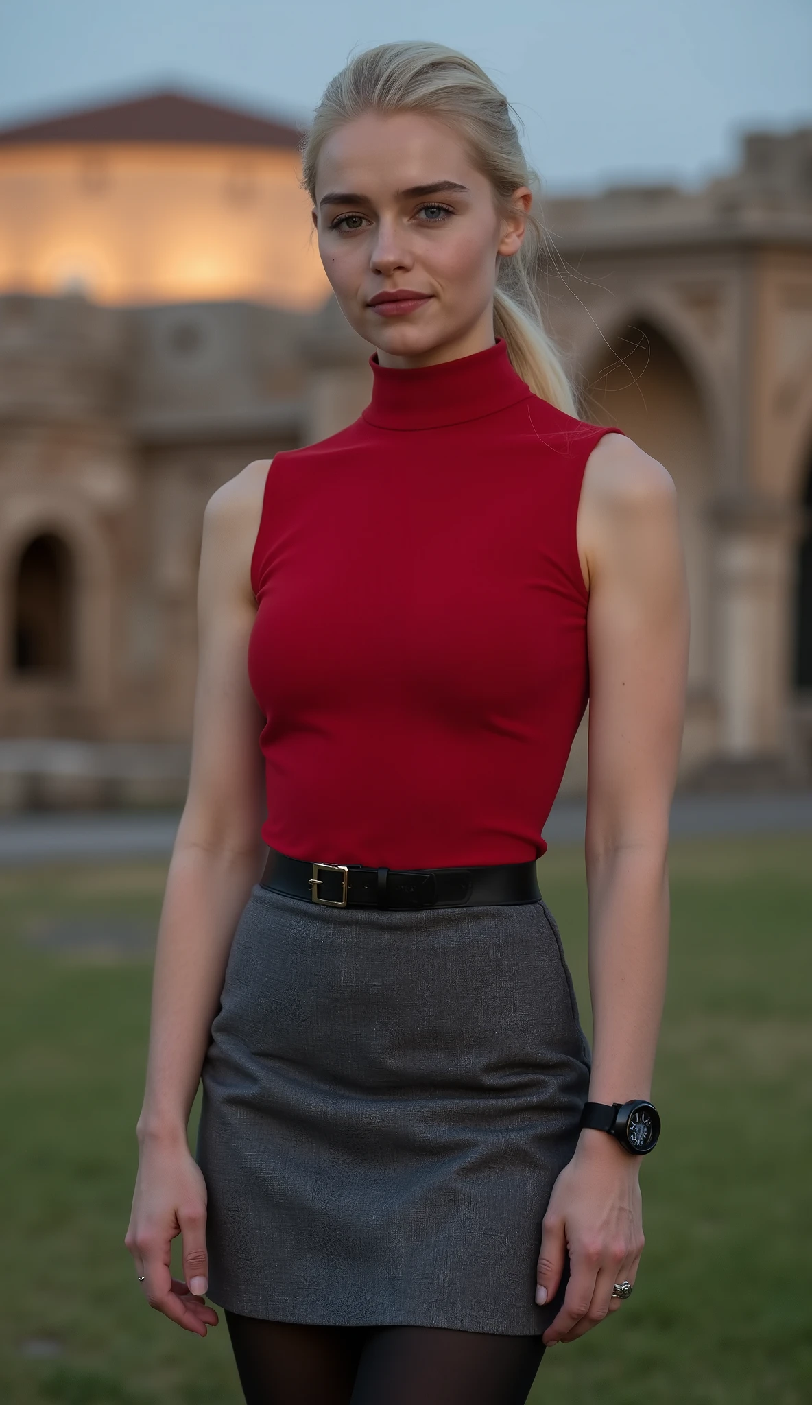 Ultrarealistic image. A pretty slim 30-year-old blonde Greek woman. She has a narrow face with a small nose. She is wearing a red sleeveless turtleneck sweater. She is wearing a modern black diving watch. She is wearing a squire, kurz, simple grey skirt. She is wearing a thin black belt around her waist . she is wearing black leggings . She is wearing knee-high dark gray leather boots. Her hair is tied in a ponytail. She is standing in front of an old museum at dusk.