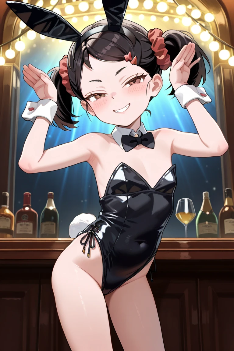 (top-quality、in 8K、32K、​masterpiece、nfsw、highly detailed、Impresionismo、Photorealsitic:1.2)、Full body, (a bar counter、shop front:1.4)、cara simetrica y hermosa, deep-shadow, beauitful face、blurry backround、20-year-old beauty、shinny skin, Beautiful wavy golden hair、 poneyTail、Blue eyes, Beauitful face、blurry backround、 Bunny Girl、High-cut leotards、Muy delgado leotardo se ve el cuerpo atraves de el, a bow tie、White cuffs、Thighs wrapped in fishnet stockinglack rabbit ears、Have a tray of liquor、sit on the table、Shy smile、Curve, uncensored, nsfw, very hot pose