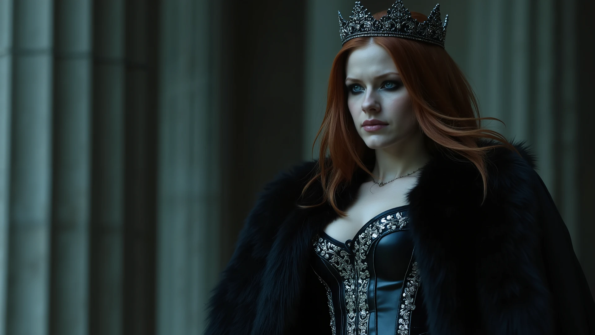 Alexandra Daddario as the gothic warrior queen stands victorious, her raven tresses loose beneath the black crown, fair skin contrasting with piercing blue eyes that burn with quiet intensity. Her red hair is worn loose beneath her black tiara. She wears a shiny black steel breastplate adorned with platinum scrollwork and metallic accents (inspired by corset), complemented by a flowing black fur cloak, evoking Frank Miller's dark fantasy. Her stunning physique is showcased in a side-view pose, her black cutout satin skirt fluttering behind her. A blurred charcoal grey and midnight blue background complements her striking features, as if the darkness itself has yielded to her fierce determination. huge breasts, Latex clothes,Leather clothes, full_body, perfect body, side_view, cinematic style, cleavage cutout, beauty