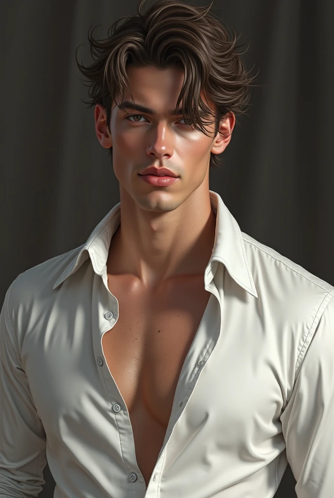 a young man with short curly brown hair, clean-shaven, no eyebrows, wearing a white shirt and black pants, in a luxurious apartment, realistic, high quality, 8k, masterpiece, ultra-detailed, sharp focus, physically-based rendering, vivid colors, studio lighting, elegant, luxurious interior, intricate details