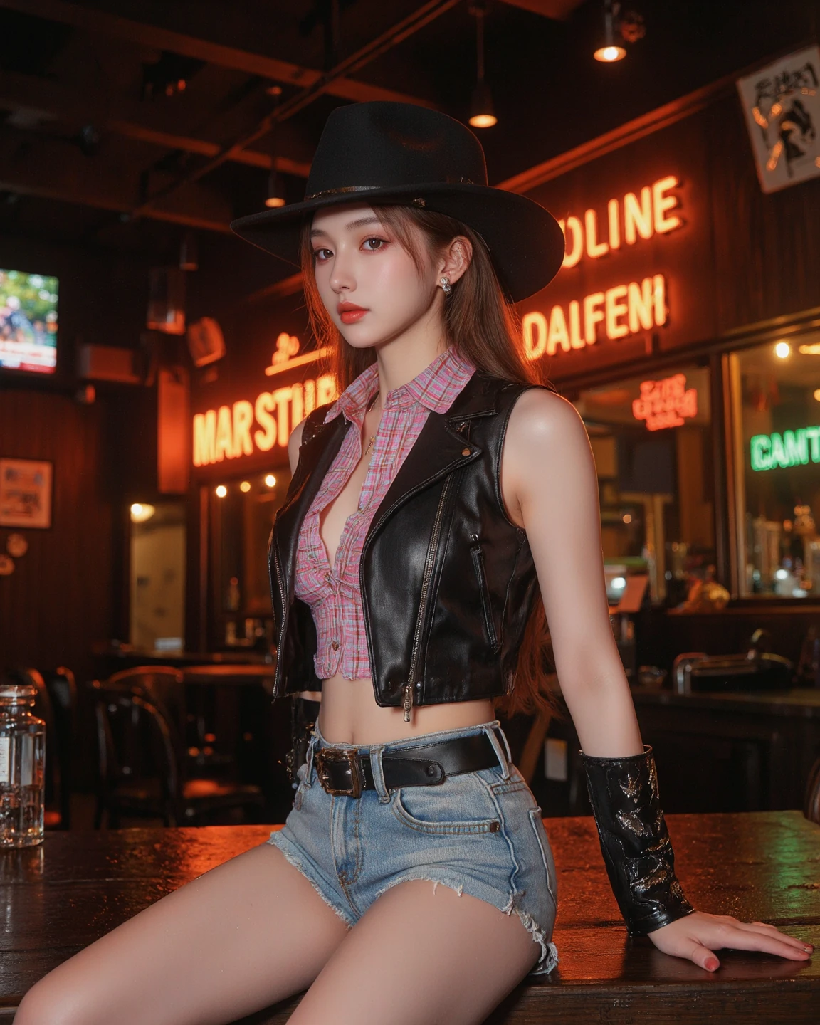 Western Cowboy Style、photos、best qualiy、Realstic、photorealestic、20-year-old girl、intricate detail、Brown leather boots、Leather camisole、Red tattoo on the navel、choker、TATOO、Tattoo under the navel、a blond、(Wheat-colored burnt skin)、(Delicate details)、(intricate detail)、Cinematic light、best quality Backlights、Clear Line、8K、ultra-highresolution、Reveal clothing、((Drinking))、Western drama、Texas wasteland、outskirts、Cheering beer、