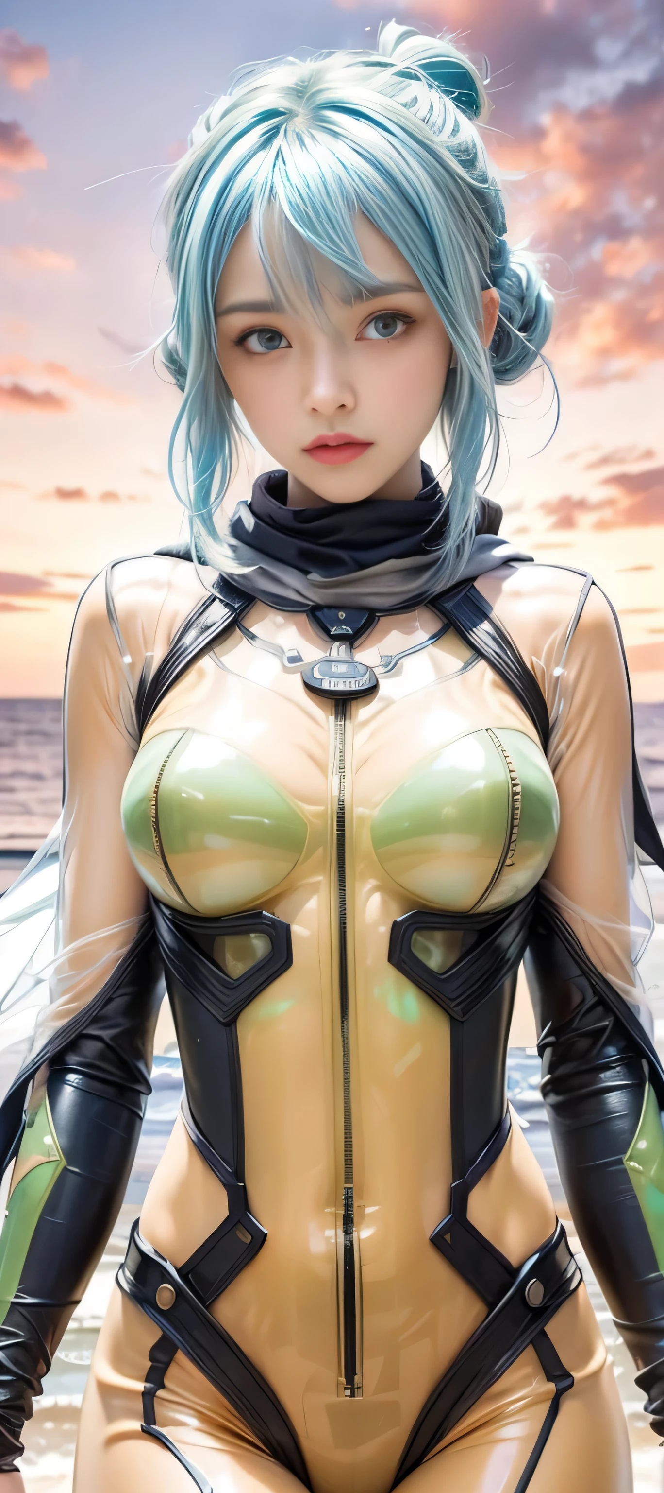 masterpiece, best quality, (realistic,photo-realistic:1.4), (RAW photo:1.2), extremely detailed CG unity 8k wallpaper, delicate and beautiful, amazing,finely detail, official art, absurdres, incredibly absurdres, huge filesize, ultra-detailed,extremely detailed eyes and face,light on face,shinon,(little smile),(blue hair:1.4),(undercut hair:1.5),sunset background,(sidelocks:1.3),black shorts,beach,(wear scarf:1.5),(hair bun:1.5),(wear transparent plugsuit:1.5)