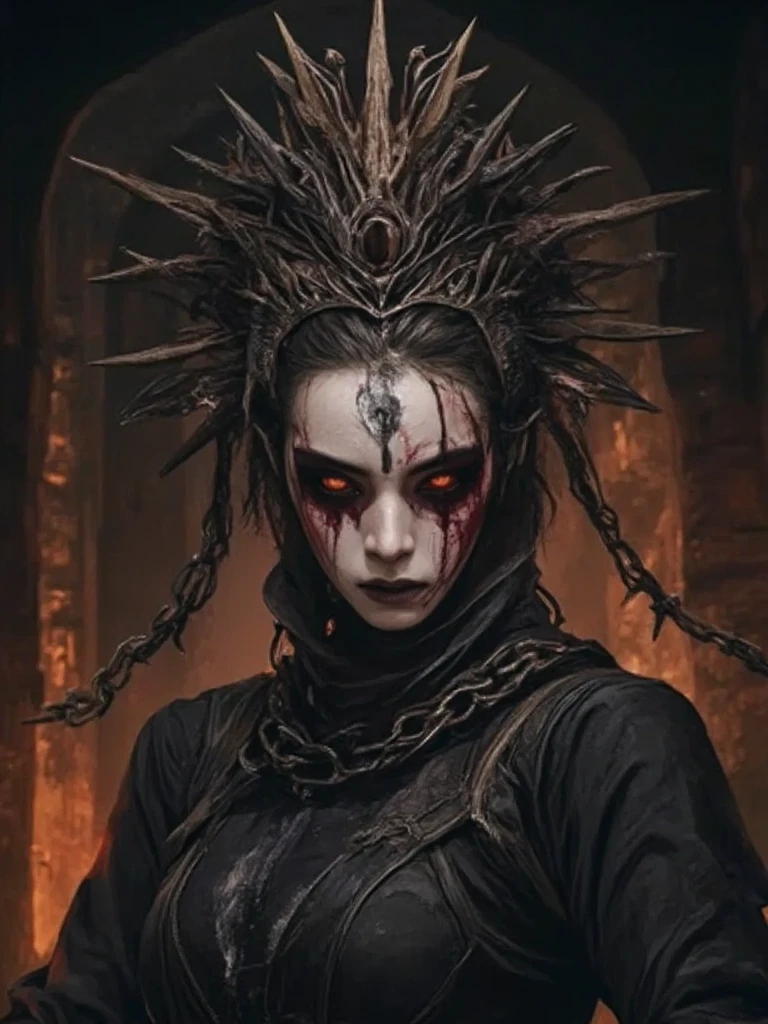 Undead queen portrait, spiked crown of hellfire, glowing red eyes, hyper-realistic digital art, by Brom: Ultra-detailed digital painting of a corpse-pale queen. Elaborate crown of blackened metal spikes, each tip flickering with hellfire. Eyes blaze with intense red light, pupils like dying stars. Skin texture meticulously rendered, showing decay and otherworldly preservation. Dark, tattered royal garments with intricate, shadowy patterns. Background of smoldering brimstone and distant, tortured souls. Brom's signature style of gothic horror mixed with dark fantasy elements.