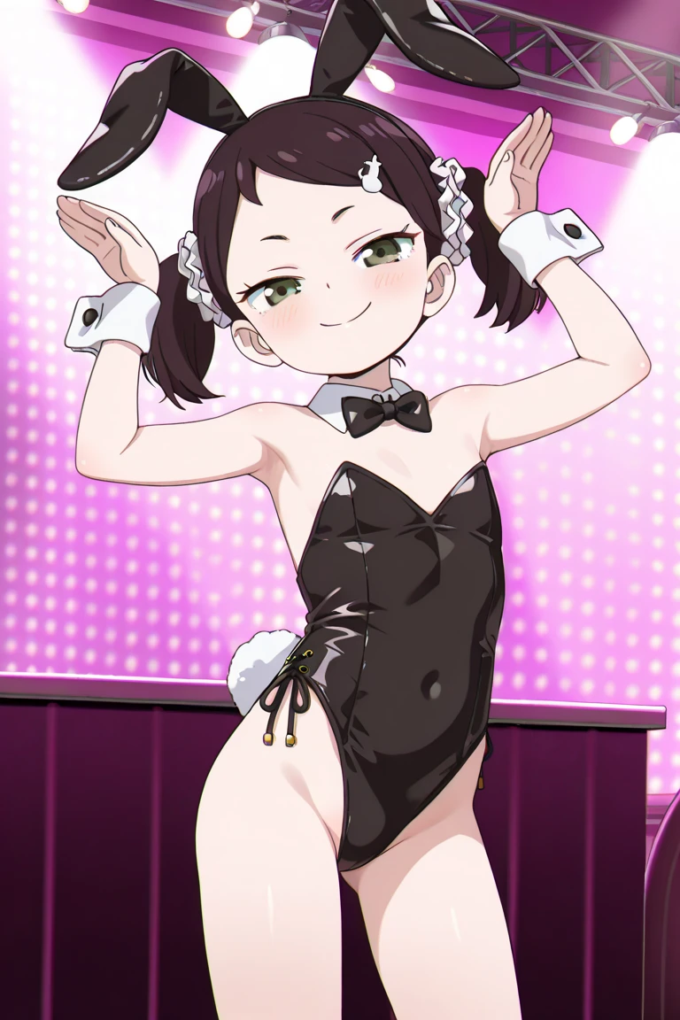 аниме-девушка в синей полосатой форме с огромной breastю,  One, black hair, hair, breast, I look at the viewer, smile, Brown eyes, blush, ((openwork clothing)),стиль 1990-х годов,Brown eyes,Glasses,round glasses,hair,black hair,shiny hair,small breast,short stature,bare shoulders,bunny ears,bunny girl,purple high cut swimsuit ,Strapless,the bow tie,separate collar,Fishnet tights,wrist cuffs,1 girl,(nsfv:0.55), ((flat torso, slim stomach, child&#39;s face)), (rich colors)