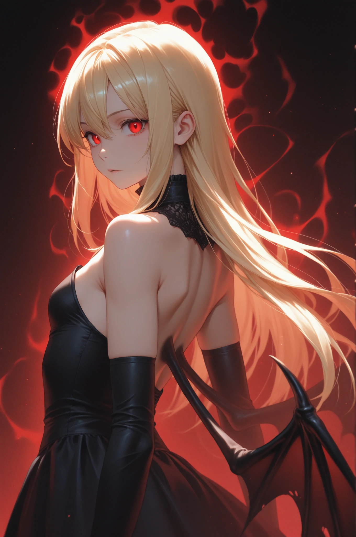 DarknessLora, blonde hair, red eyes, very long hair, horns, claws, choker, hair intakes, bare shoulders, revealing clothes, navel, panties, black panties