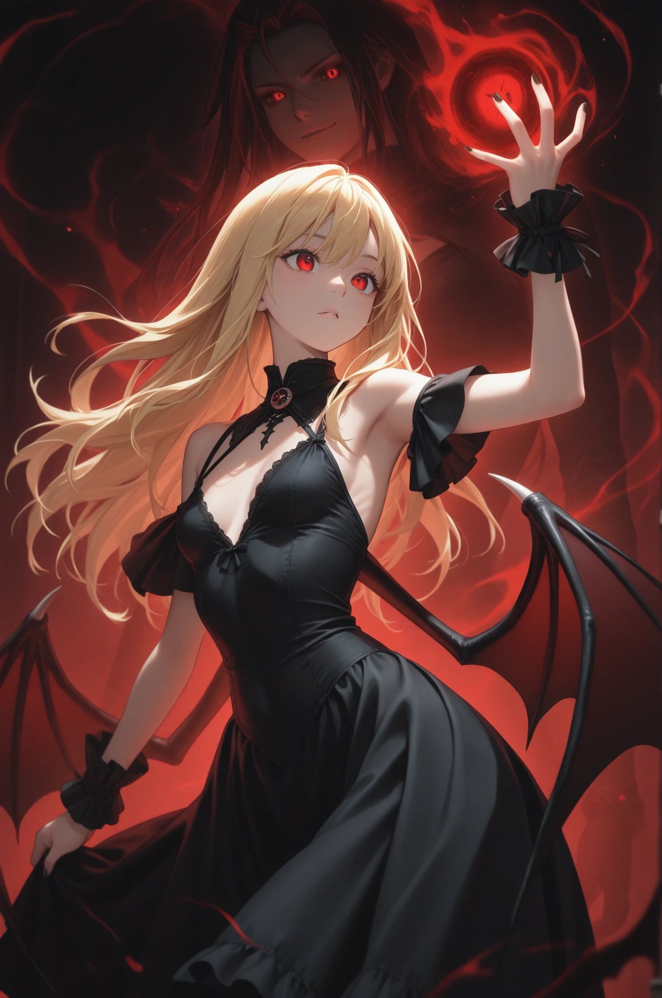 Alstar, solo, girl, blood effect, golden hair,  full body, Black dress, abyss, monsters