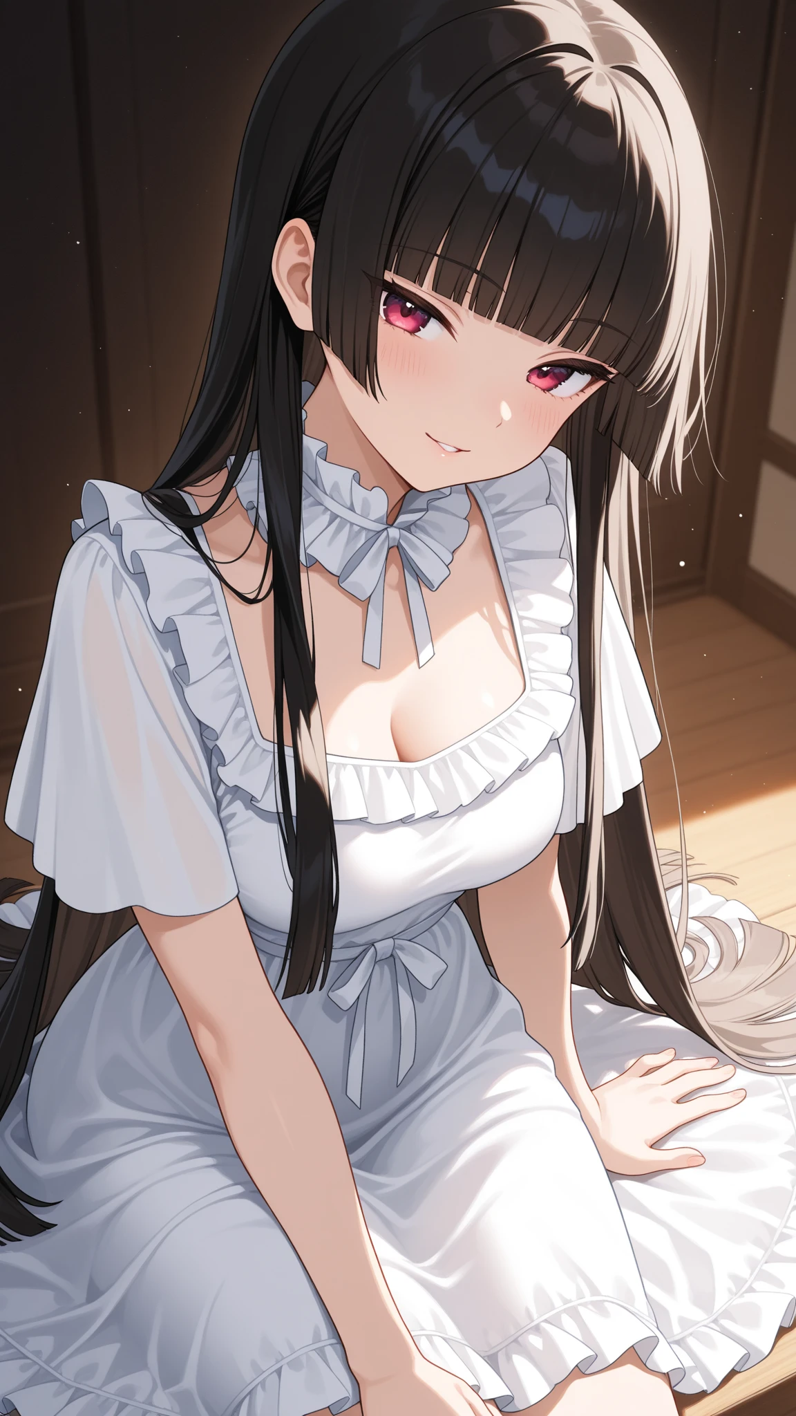 A woman with big ，Black long hair，twintails，Exquisite，Ribbon，White nightdress，transparent，Slim waist，Lace underwear，blush，A cute daughter，living room，