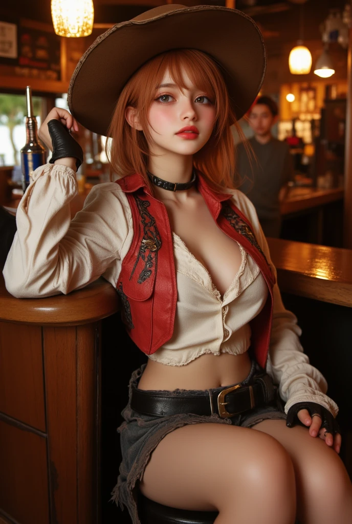 Very very very sexy girl, 1girl, solo, half-elf girl is sitting on an old bench and drinking cider at a village festival, crimson hair, crimson eyes, red and black outfit with gold trim, black pants, fiery hair