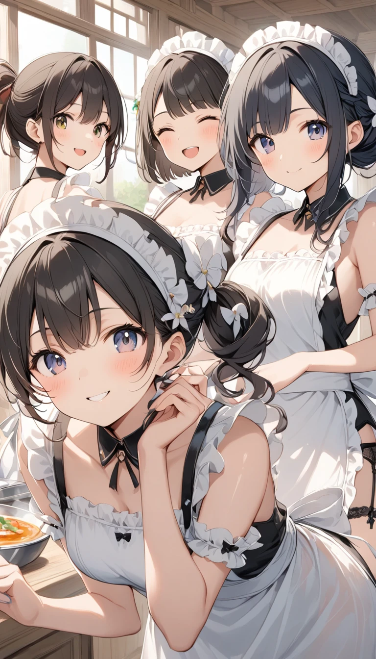 Very detailed, highest quality, High resolution, Moe Anime, ((4 cute girls with super droopy eyes)), (Black Hair:1.5), Blue Eyes, Sparkle in the eyes, (Big Eyes:1.4), (tareme:1.4), View your viewers, Focus on the face, In the park with cherry blossoms falling, ((The upper half of the body is a see-through maid outfit, the lower half is naked)), ((nsfw)), ((Very short hairstyle:1.5)), (Slightly below:1.2), ((Flat Chest:1.4)), (arms behind back:1.6), (wide eyed:1.4)