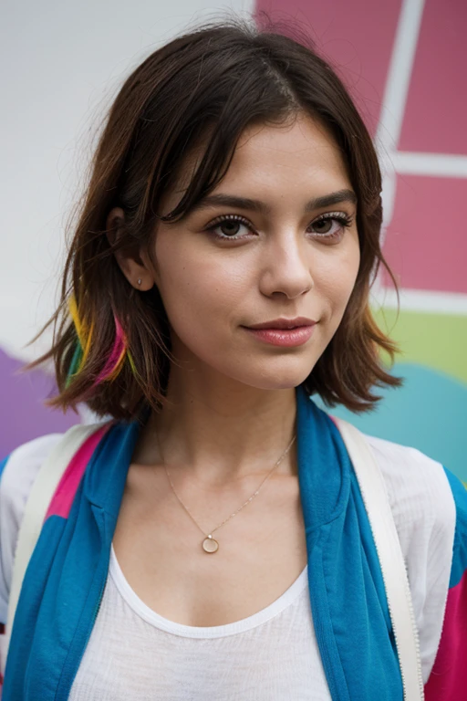 Colorful beautiful girl: a girl 28-years old, messy hair, oil painting, 8k resolution, complex, elegant, expansive, fantastical, wavy hair, vibrant, rainbow colours