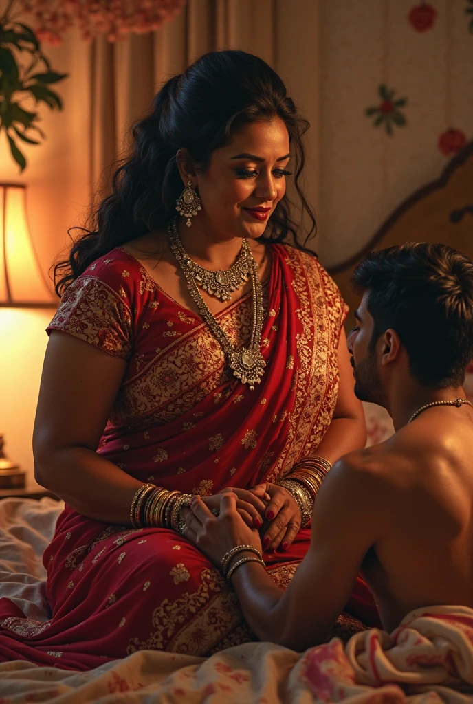 a 50-year-old shirtless man affectionately hugging and kissing aradiant, full-figured South Indian plus-sized 30 year old teacher wearing a cream silky saree in dressing room, captured in a full-body image with vibrant hues and meticulous details. Full body image