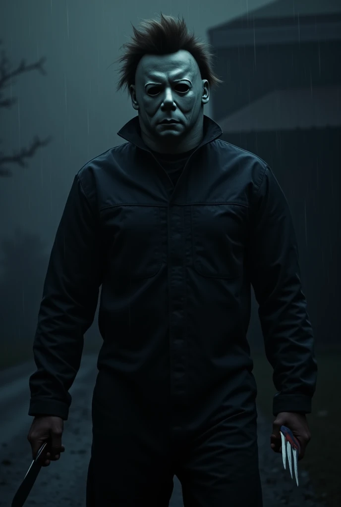 8k、Dark fantasy、City of Halloween、Ultra HD、Amazing image quality,4k、boogeyman、Michael Myers、Black jumpsuit、White Mask、Knife、blood droplets、Full Body Shot,Give the viewer a malicious look, Grabbing Viewer, For the viewer,Misty marshland background,Shallow depth of field, Vignette, Very detailed, High budget, Bokeh, CinemaScope, Sulky, amazing, nice, Film Grain, granular . Creepy, Anxious, dark, Creepyな, Suspenseful, strict, Very detailed