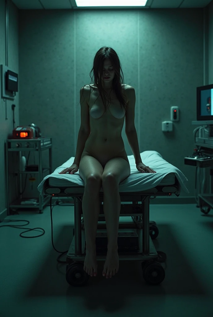 naked woman sitting on the floor of an observation deck inside a futuristic spaceship looking on a big led lit window at a galaxy