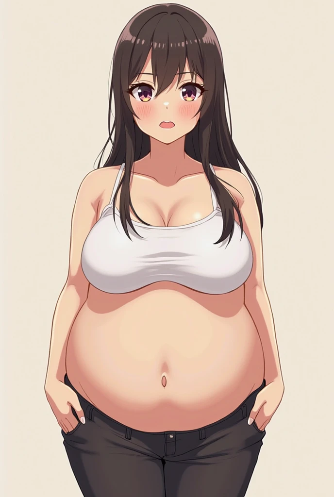 Chubby anime girl naked with huge breasts and a bloated belly, burps and farts