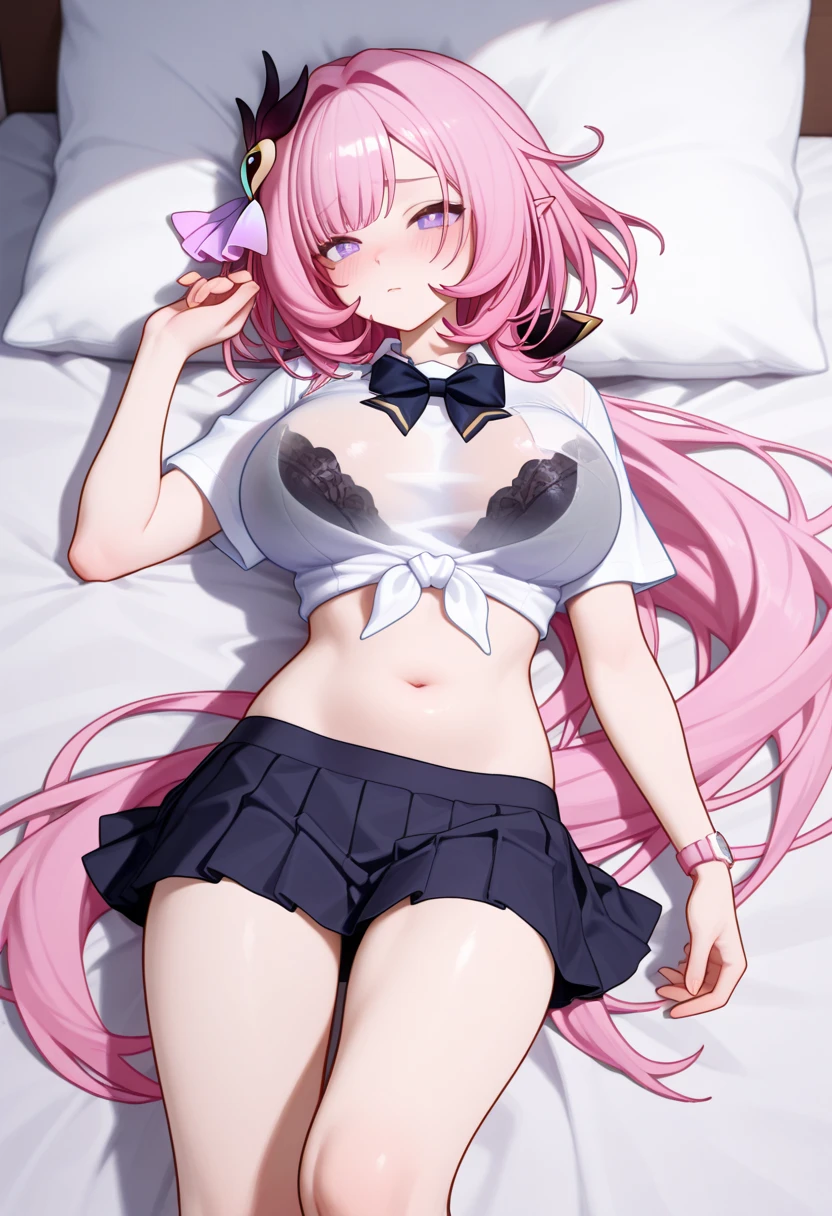 Erotic Anime Illustration、highest quality、Voluptuous gravure idol、Transistor Grammar、Maid clothes、No sleeve、Photo studio、sofa、Lying on your back、Seductive smile、Very large breasts、Very thick legs、Sweaty、Belly button、mini skirt、bikini