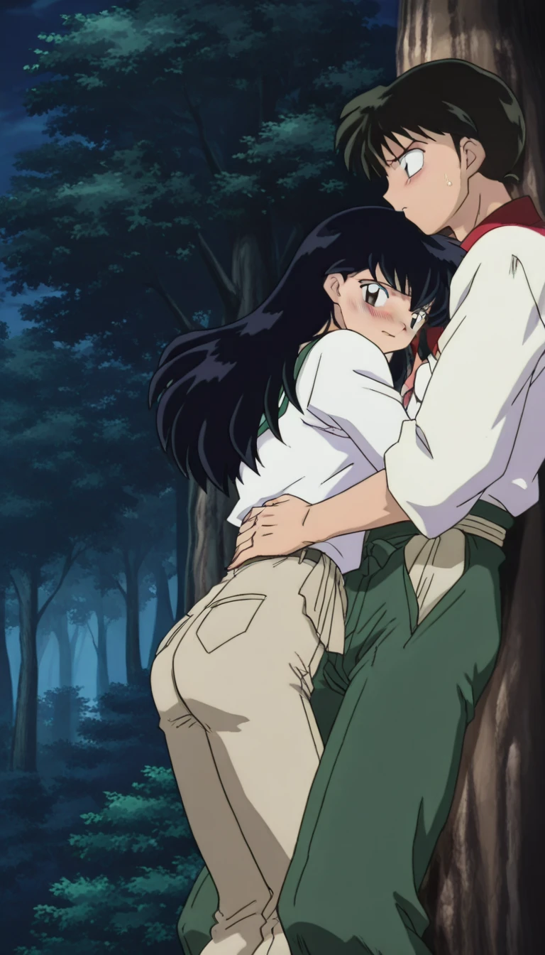 1 young male, Red face, Black Hair,Shedding bangs to the right, Young man behind the girl, Touching the chest, Rubbing breasts from behind, grab, grabbing chest,chestgrab behind back, Remove your bra, Gripping the bra, Embrace, Embrace, Kiss on the neck, One Girl, Black Hair, Waterfall knitting, Red ribbon, Long Hair, Green Eyes, blue star necklace, Light Cardigan Pink, Open shirt, yellow shirt open shift, belly button, White bra, White pants, cute, Open your mouth, whole body, Long sleeve, Cowboy Shot, masterpiece, On a date, Blushing, Bedroom, night, Sit on the bed