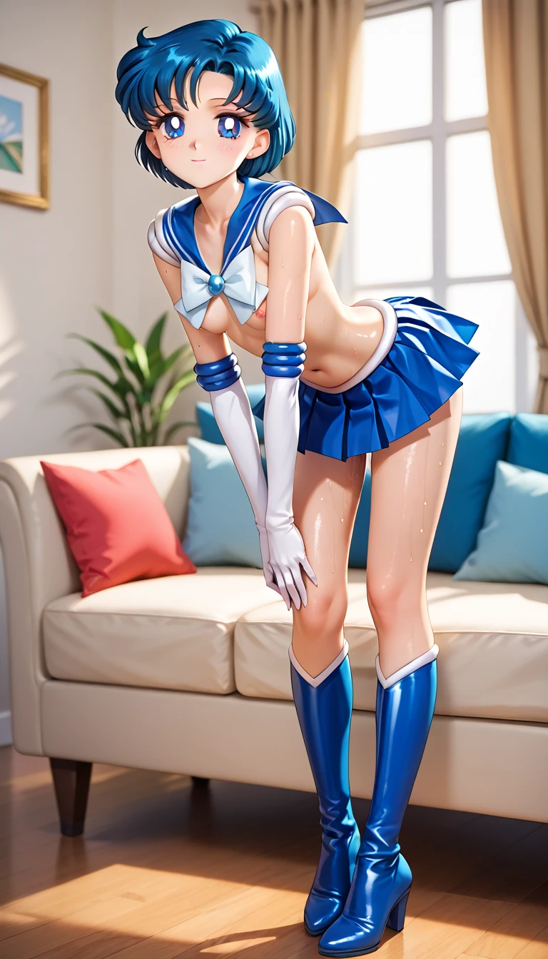 Sailor Mercury Transformation heroine of justice Patent leather white leotard (((urination:1.5,))), (((peeing:1.3))), ((have to pee:1.35))), Patent blue boots Wrinkled boots Enamel White Gloves Patent blue mini skirt A clean image Gold decoration Exquisitely decorated costume justice ponytail Semi-long hair hair ornaments Embarrassed and crying expression Jockey Boots Push out your hips Spread your legs embarrassed Poop sitting Full body paint Put your hands on your crotch Armpits are visible Knee-length long boots barefoot Thighs Sit on top of the toilet The body is covered in . Open your legs Bend your knees Peeing White liquid overflowing from between her legs Crossing a Japanese-style toilet