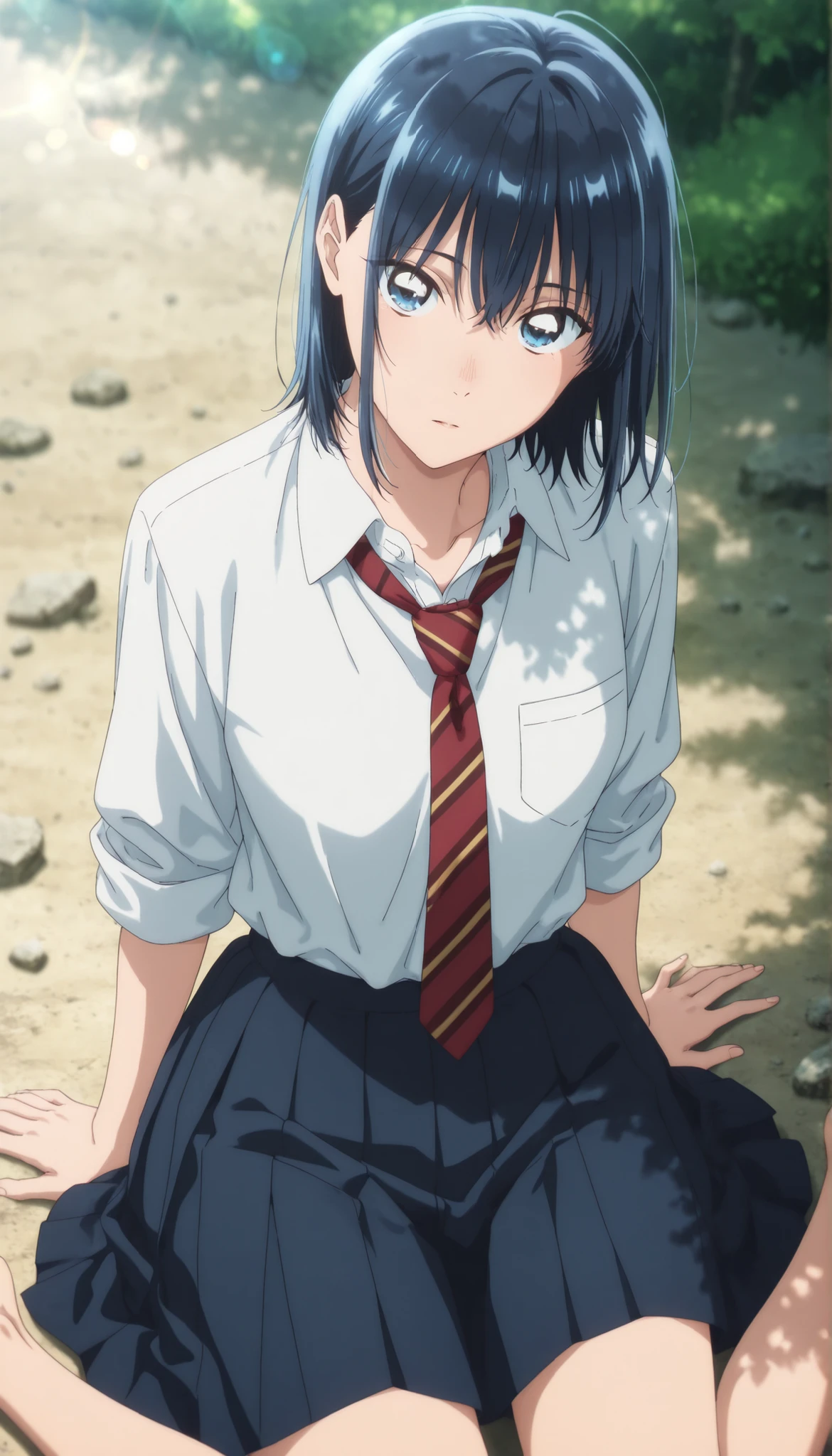 masterpiece, , absurdres, highres, detailed background, high resolution, masterpiece, necessary, detail, best quality, quality, necessary, details, High details, Precise, outdoor, (()), (dappled sunlight ,day ,lens flare ,blurry background), from above , , , 
                                                                                                                                                                                                                                                                                                                                                                                                                                                  
detailed, anime screencap , anime coloring , official style , (aged up), head tilt, sitting, wariza, ,(slim body, slender body), ,

Break, girl , , <lora:Amaye_Moriya-20:0.8>Ayame, solo, blue eyes, dark blue hair, medium hair, long bangs, hair between eyes, sidelock, white shirt, collared shirt, collared bone, red necktie, striped necktie, skirt, pleated skirt, ,(small breast), light skin, looking at viewer, ,