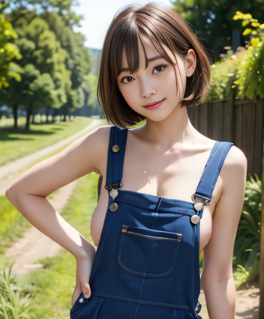 Highest quality、、 Compensate、masterpiece、Ultra-high resolution、Clear photos、Natural light、very cute、The cutest Erina Mano、Baby Face、(Small breasts:1.6、Flat Chest:1.6)、Slender body、Tight waist、(Very short hair:1.6)、Brown Hair、smile、Delicate face、Beautiful Skin、(Naked and wearing overalls:1.4)、(Hunchback:1.2、Her cleavage is visible)、grassland、Lakeside、Head to knee photo:1.8