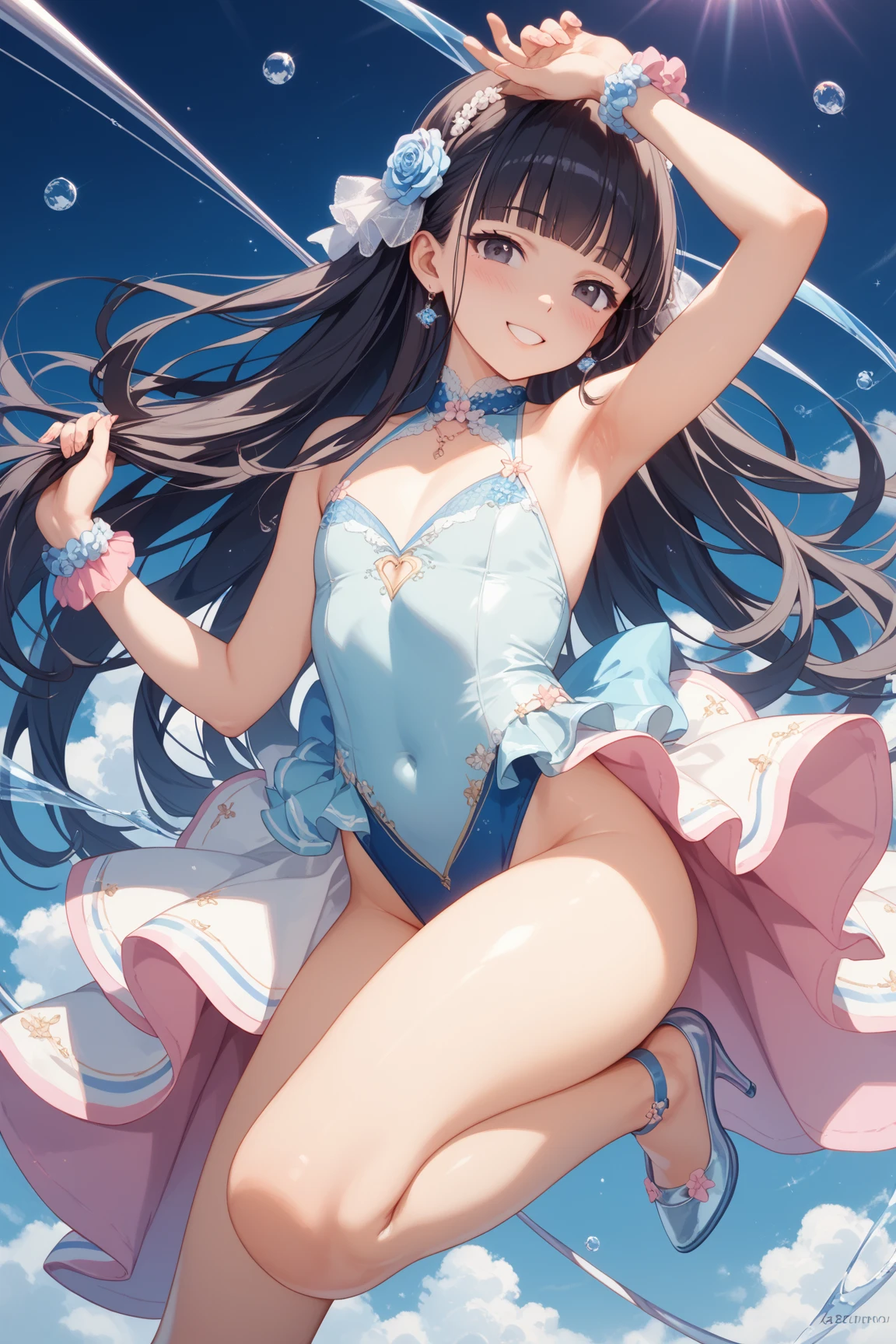 (masterpiece), (Highest quality), High resolution, (Very detailed), (Best illustrations), (Best Shadow), (so beautiful), (very cute), (Absurd), 
(Blue background), (Blue Room), (Blue floor), 
(Highly detailed face), Perfect limbs, Intricately detailed face, round-shaped face, (round face:1.7), 

(Head to toe full body view), Take center, Shadow Weakening, 

(Minase Iori),  girl, 
Black Hair, Brown glossy hair, Brown eyes, amount, Round Breasts, Shyness, smile, Pitiful, Baby Face, 
Hair band with ribbon, 

Perfect limbs, Perfect Anatomy, Beautiful slim legs, Five perfect fingers, One person, so beautiful少女, Very cute girl, Big eyes, slender, Tight waist, 
Delicate and smooth skin, 細部までこだわったBeautiful Skin, sexy, Charm, His mannerisms are very quiet., 
Beautiful Skin, sexy, Charm,
full body of a young girl, Full Shot, panoramic, (One person,solo:1.0), 

Erotic, 
White frilly underwear, Underwear with a small ribbon, Wet underwear, 
Blue panties, Detailed panties, 
Blue Bra, Detailed bra, 
tits, Butt, naked, 