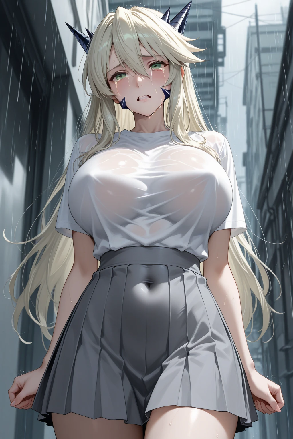 optimal,masterpiece,high resolution,best quality,Ultra HD,Super detailed,The award-winning,16K,Solitary,(Upper Body),Correct anatomy,Beautiful cyberpunk girl,Cowboy shooting、Cute face,,Blonde、long hair、Double tail、Weaving, hairline,((Scarlet eyes)),Long eyelashes,Drooping corners of the eyes,White skin,((Shot from below)), ((t-shirt:1.5)), Clock top、((transparent nipples))、Rocket , (Large Breasts),(because I'Thin),Punk girl has a very slim figure:1.3),Huge breasts:1.4 Huge breasts:1.4,full, Firm breasts,Showing cleavage,Nipple protrusion,Belly button full breasts, Large Breasts, Slender sexy legs, Put your hands behind your head((Clear nipples))、Rocket , (Large Breasts),(because I'Thin)