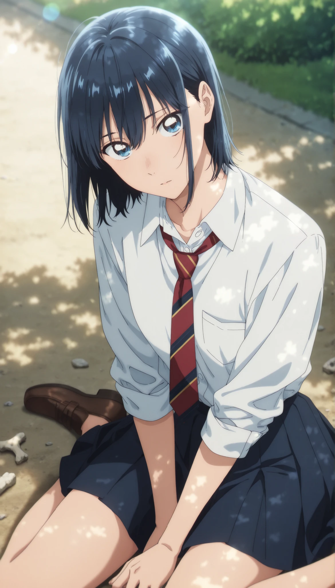 masterpiece, , absurdres, highres, detailed background, high resolution, masterpiece, necessary, detail, best quality, quality, necessary, details, High details, Precise, outdoor, (()), (dappled sunlight ,day ,lens flare ,blurry background), from above , , ,
detailed, anime screencap , anime coloring , official style , (aged up), head tilt, sitting, wariza, ,(slim body, slender body), ,
Break, girl , , <lora:Amaye_Moriya-20:0.8>Ayame, solo, blue eyes, dark blue hair, medium hair, long bangs, hair between eyes, sidelock, white shirt, collared shirt, collared bone, red necktie, striped necktie, skirt, pleated skirt, ,(small breast), light skin, looking at viewer, ,