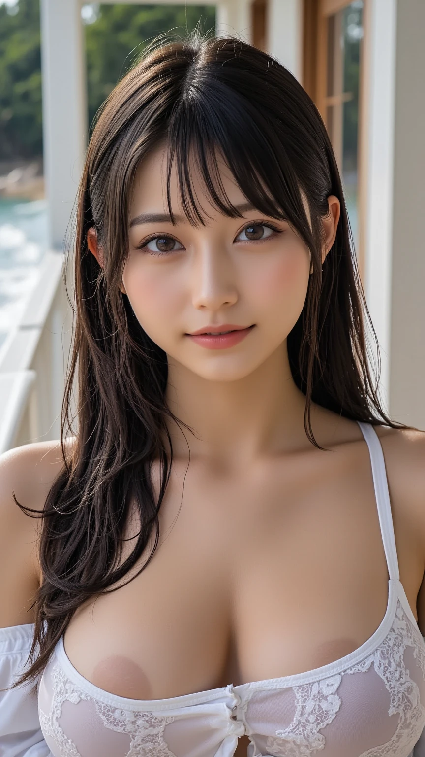 Navy and red high leg swimsuit、Glamorous swimming school coach、Wet swimsuit、detailed, Oily and shiny skin、Shiny thighs、(((Very Huge Face and Bigger Breasts:1.75)))、(((Very Huge Face and Bigger Breasts:1.75)))、Beautiful woman、Huge 、plump、25-year-old gravure idol、Medium Hair、Nogizaka idol、Sensual look、Sexy pose、White skin、Bathroom of luxury resort hotel、(((Deep-set eyelids:1.35)))、((round face、Tarako lips:1.35))