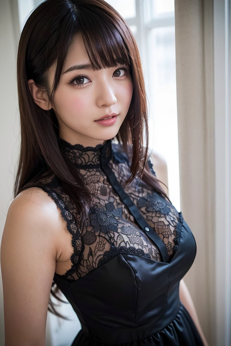 (masterpiece, highest quality、super dense skin、get used to it),1 girl, alone,Beautiful symmetrical face、 hyper realistic, realistic,realistic, light brown eyes stare at the viewer,Brunette short bob hair with highly detailed shiny hair:2、intense eye highlights), See-through brightly colored winter clothes,Lovely see-through costume full of charm、 lips,lip gloss, outdoors, Upper body、Big eyes、eyelash、{Huge|big|Hugeな|mega} chest:2, cleavage:2、(Big eyess short bob hair beautiful detailed eyes、Adds intense highlights to your eyes with eye-catching light、large full chest、look at the audience、she is very beautiful and cute、show me your ears、long neck:1.4、smile、Close your mouth and smilee、perfect anatomy、ideal body proportions、Please tilt your head slightly)、(Snow-covered tree-lined street in Norway in winter)、(she is a very cute and attractive woman)、portrait:2、perfect anatomy