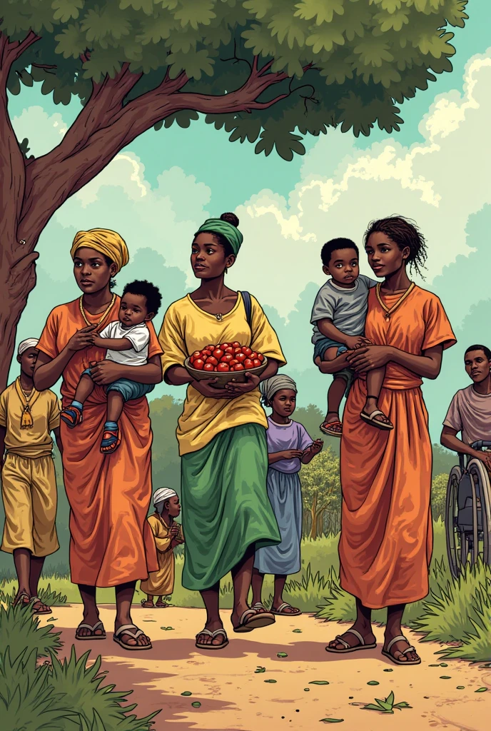 African women in pawpaw garden with her young boy