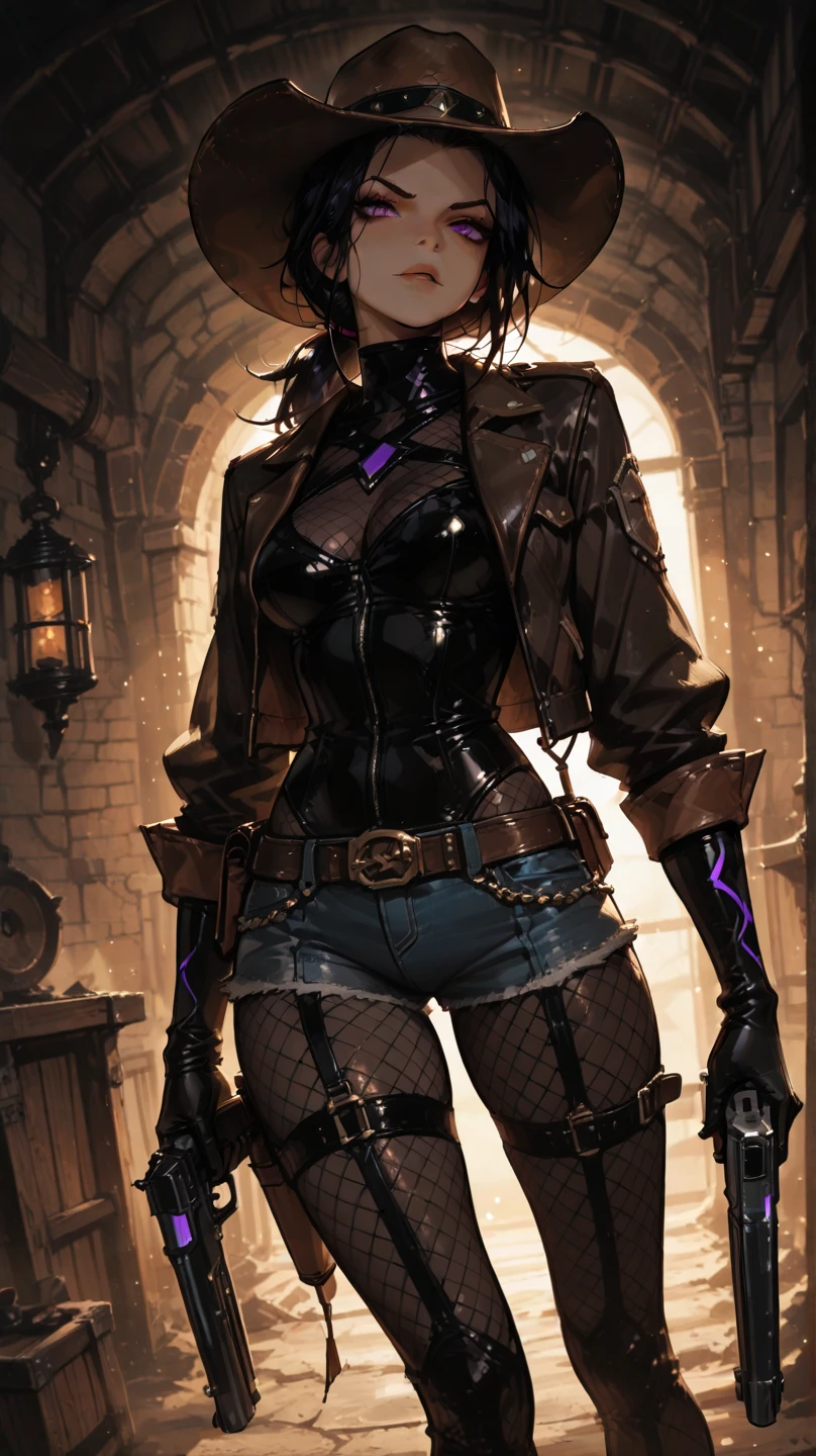 (8k Maximum quality) (Full-body image) Purple hair girl, short and shaved on the sides. Medieval thief outfit, of leather glued to the body, low-cut, long thief boots, medium breasts, thieves accessories.