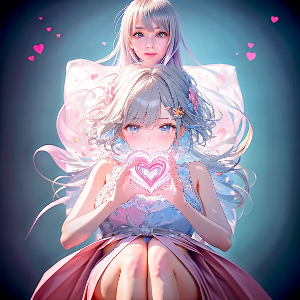 Imagine a scene where 3D hearts and roses materialize in a surreal quantum garden, each petal and heart pulsating with fractal energy, symbolizing the infinite facets of love.